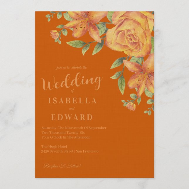 Invitación Acuarela Floral Naranja Quemada Boda (Anverso)