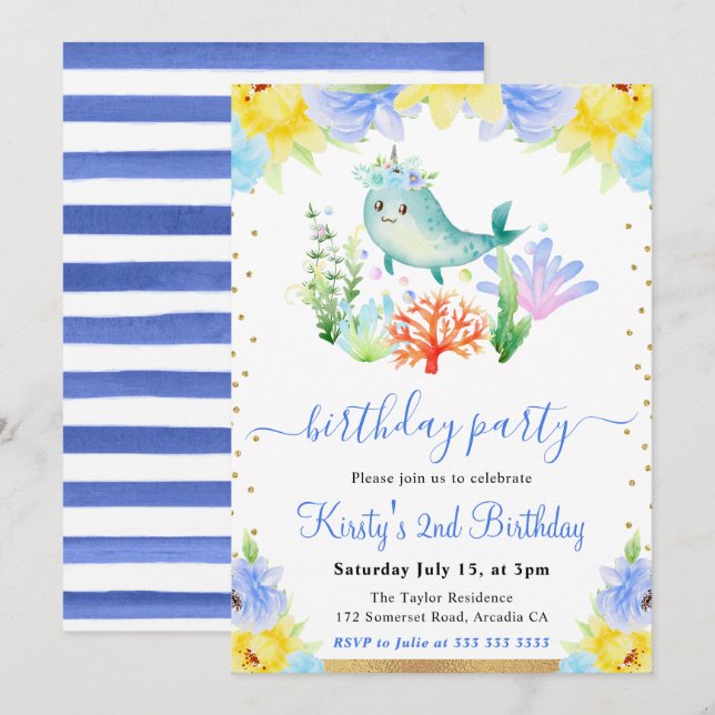 Invitación Acuarela Floral Narval Subacuático Cumpleaños (Anverso / Reverso)