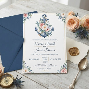 Invitación Acuarela Floral Náutico Boda Ancla