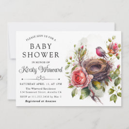 Invitación Acuarela Floral Nido de Pájaro en Primavera Shower