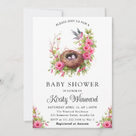 Invitación Acuarela Floral Nido de Pájaros en Primavera Baby 