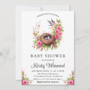Invitación Acuarela Floral Nido de Pájaros en Primavera Baby 