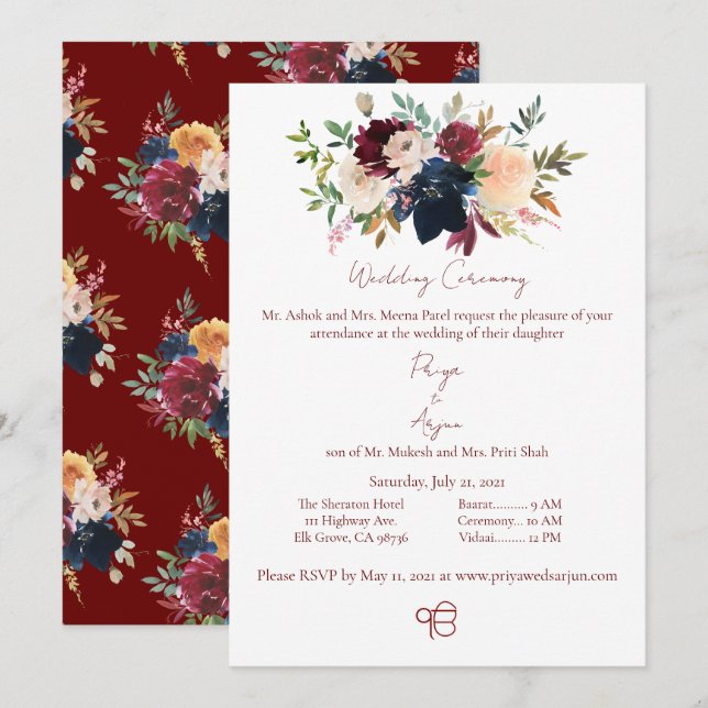 Invitación Acuarela floral otoño Sikh Ik Onkar Boda (Anverso / Reverso)