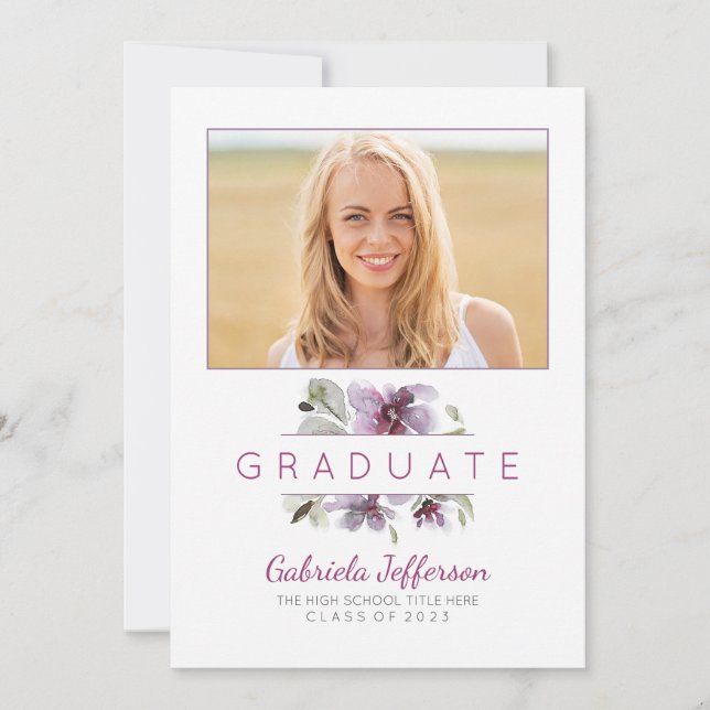 Invitación Acuarela floral - Partido de Graduación fotográfic (Anverso)