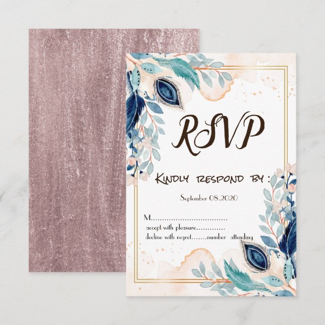 Invitación Acuarela Floral Pavo Real RSVP (Anverso / Reverso)