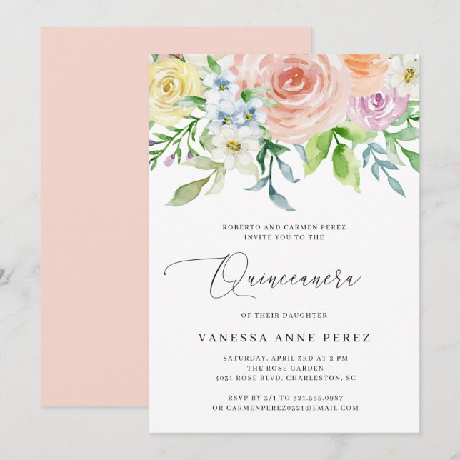 Invitación Acuarela Floral Peach Quinceañera (Anverso / Reverso)