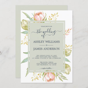 Invitación Acuarela floral Peony Rosa Rústico Boho Boda