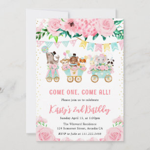 Invitación Acuarela Floral Pink Circus Animales Cumpleaños
