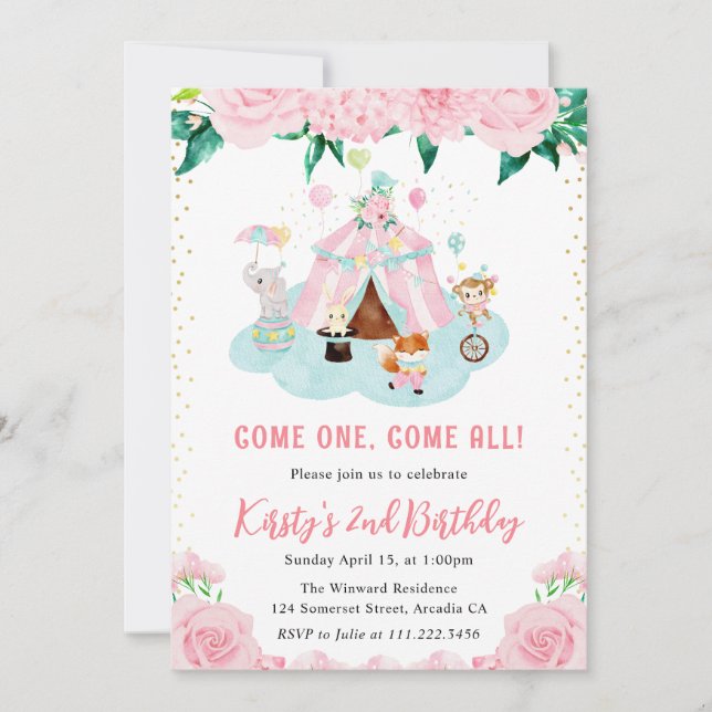 Invitación Acuarela Floral Pink Circus Animales Cumpleaños (Anverso)
