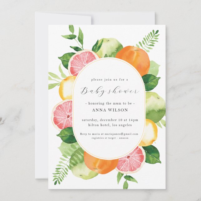 Invitación Acuarela Floral Pink Green Bebé ducha (Anverso)