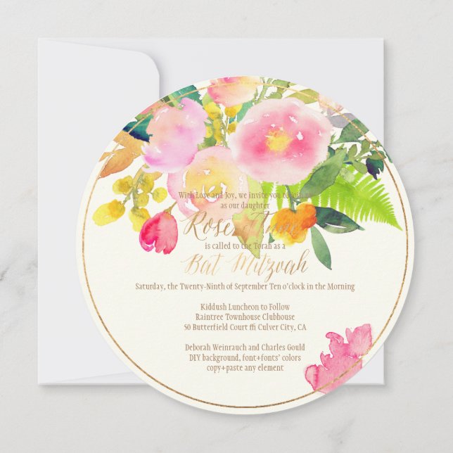 Invitación Acuarela floral PixDezines/Peonies/Bat Mitzvah (Reverso)
