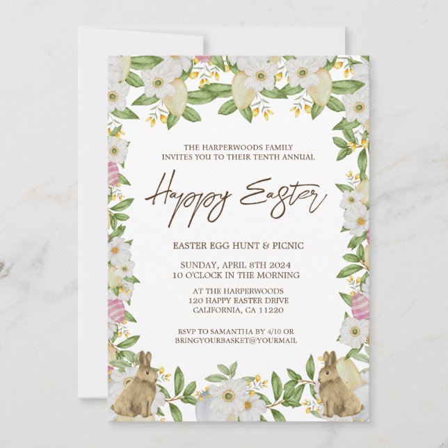 Invitación acuarela floral Primavera brunch de Pascua y caza  (Anverso)