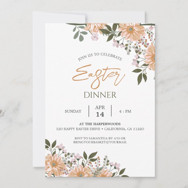 Invitación acuarela floral Primavera Cena de Pascua (Anverso)