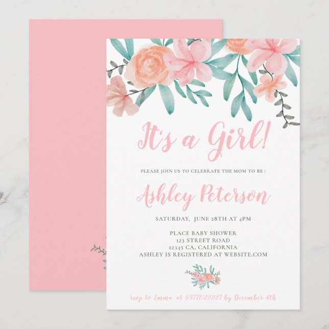 Invitación acuarela floral primavera coral ramo ducha bebé (Anverso / Reverso)