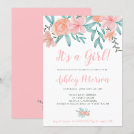 Invitación acuarela floral primavera coral ramo ducha bebé