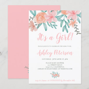 Invitación acuarela floral primavera coral ramo ducha bebé