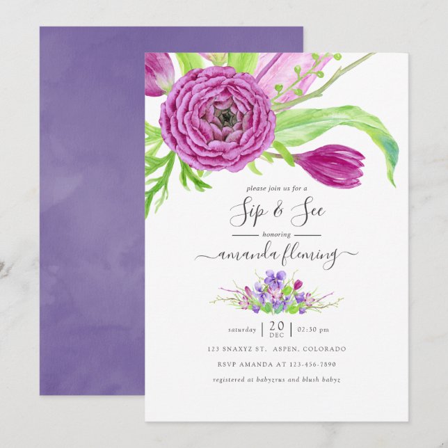 Invitación Acuarela Floral Primavera Sorbo y Ver (Anverso / Reverso)