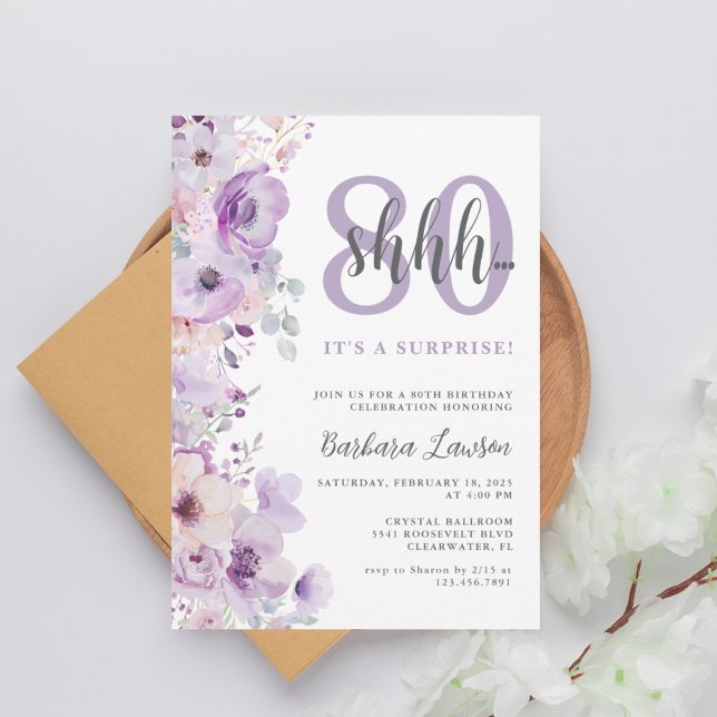 Invitación Acuarela Floral Purple 80 cumpleaños (Subido por el creador)