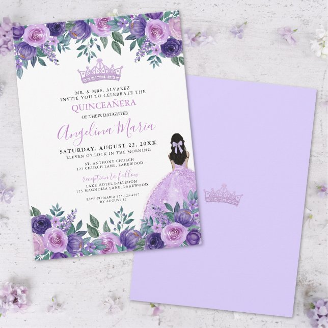 Invitación Acuarela Floral Quinceañera Púrpura (Floral Purple Rose Quinceanera Invitation)