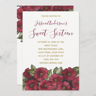 Invitación Acuarela Floral Red Gold Sweet 16 cumpleaños