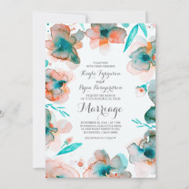 Invitación acuarela floral romántico boda verde azulado