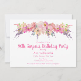 Invitación Acuarela Floral rosa 90 cumpleaños sorpresa