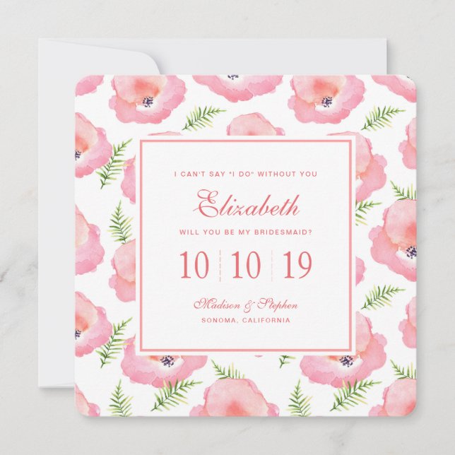 Invitación Acuarela floral rosa boho - Nodesmaid (Anverso)