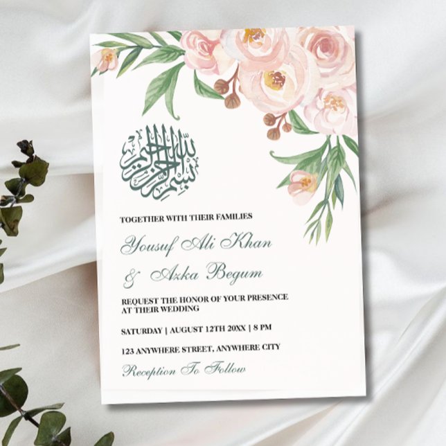 Invitación Acuarela Floral rosa Bouquet Boda musulmana (Subido por el creador)
