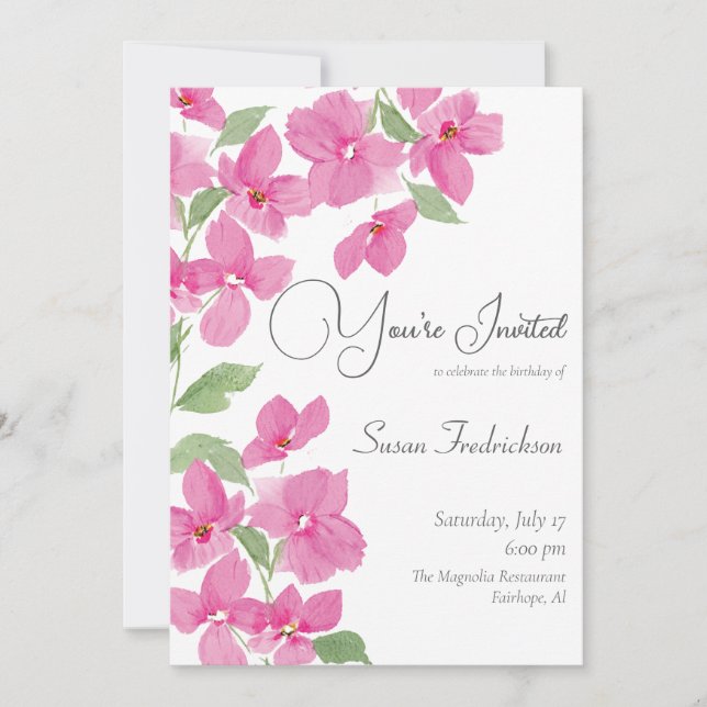 Invitación Acuarela floral rosa brillante (Anverso)