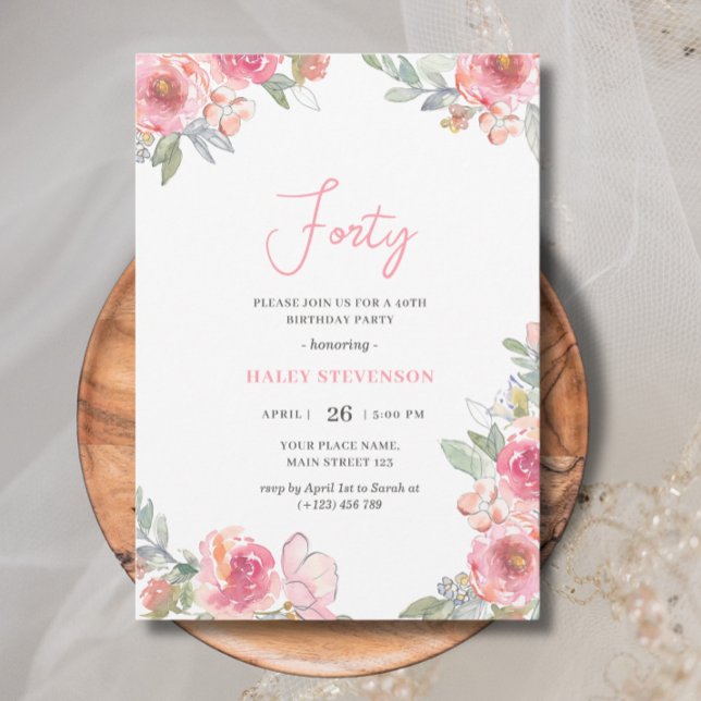 Invitación Acuarela Floral rosa Cuarenta Boho Moda Cumpleaños (Subido por el creador)