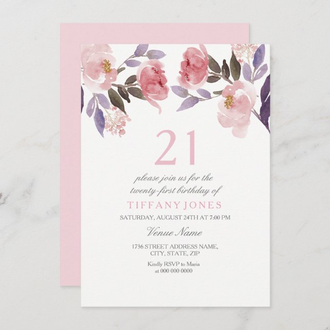 Invitación Acuarela floral rosa cúpula Invite a cumplir 21 añ (Anverso / Reverso)