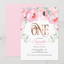 Invitación Acuarela Floral, Rosa de oro, Chica, primer cumple