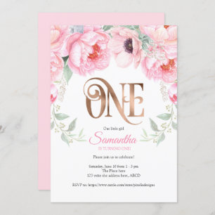 Invitación Acuarela Floral, Rosa de oro, Chica, primer cumple