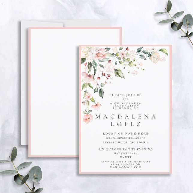 Invitación Acuarela floral rosa de Rubor formal Quinceañera (Subido por el creador)