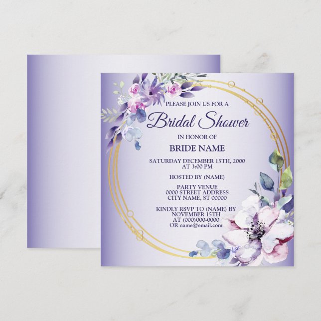 Invitación Acuarela Floral rosa Dorada Morada Ducha de novia (Anverso / Reverso)