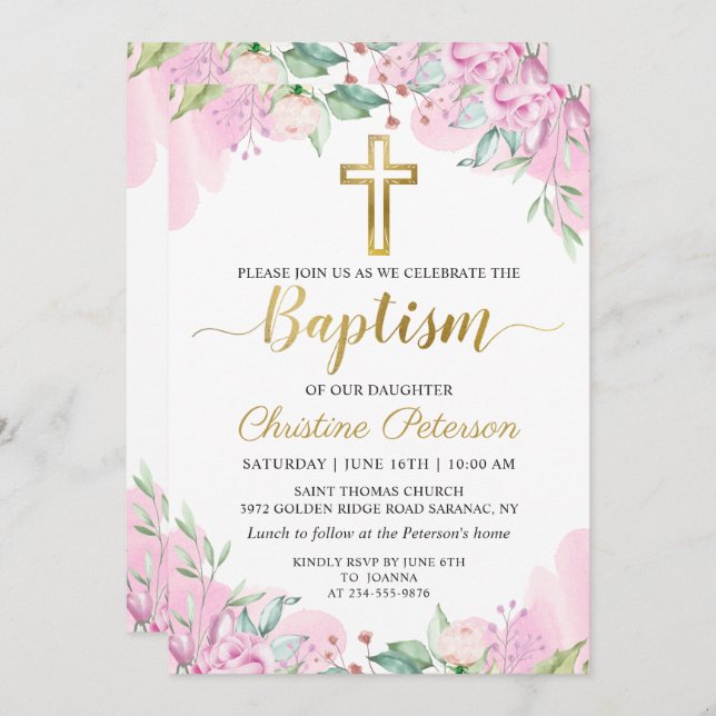 Invitación Acuarela Floral Rosa Dorado Script Baptismo Chica (Anverso / Reverso)