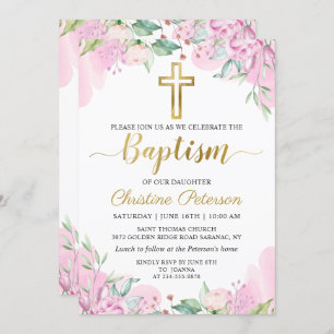 Invitación Acuarela Floral Rosa Dorado Script Baptismo Chica