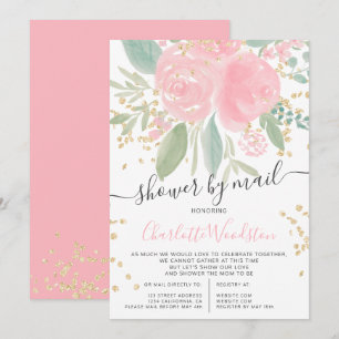 Invitación acuarela floral rosa ducha de bebé dorada por corr
