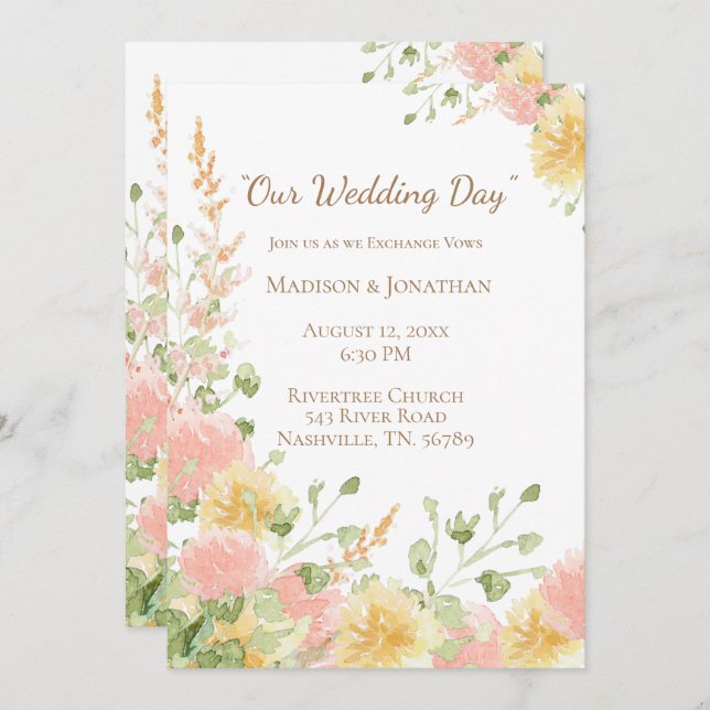 Invitación Acuarela Floral Rosa Elegante Chic Marrón Script (Anverso / Reverso)
