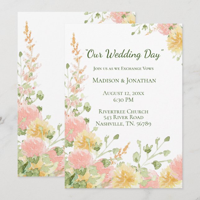 Invitación Acuarela Floral Rosa Elegante Chic Verde Script (Anverso / Reverso)