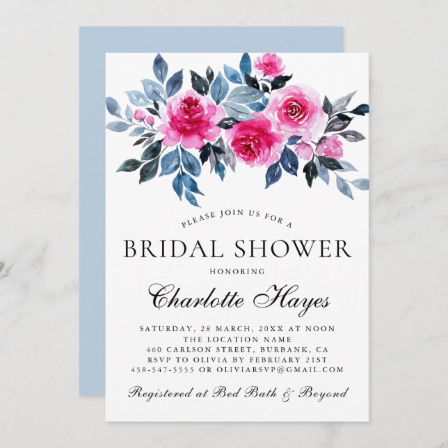 Invitación Acuarela Floral Rosa Elegante Ducha Bridal (Anverso / Reverso)