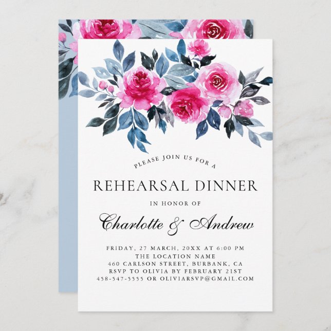 Invitación Acuarela Floral Rosa Elegante Ensayo Cena (Anverso / Reverso)