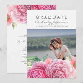 Invitación Acuarela Floral Rosa Elegante Graduación Fotográfi