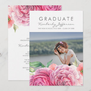 Invitación Acuarela Floral Rosa Elegante Graduación Fotográfi