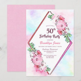 Invitación Acuarela Floral rosa Geométrica 50 cumpleaños