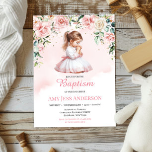 Invitación Acuarela floral rosa orando bautismo Chica
