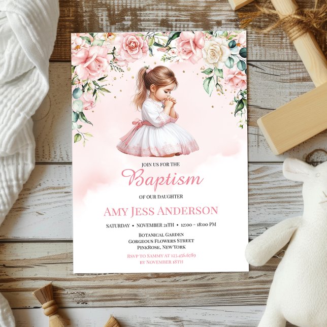 Invitación Acuarela floral rosa orando bautismo Chica (Subido por el creador)