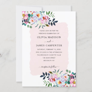 Invitación Acuarela Floral Rosa Polvo Azul Marino Boda