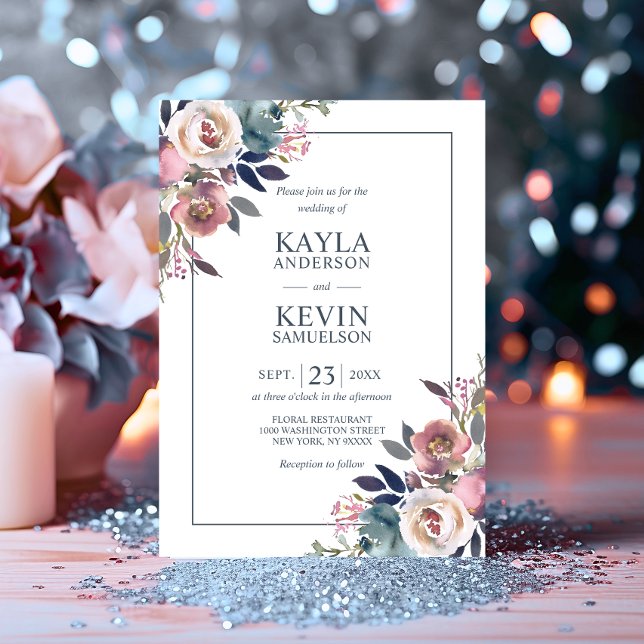 Invitación Acuarela Floral Rosa Polvoriento Mauve Azul (Watercolor Floral Dusty Rose Mauve Navy Blue Invitation)