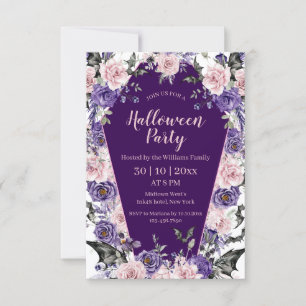 Invitación acuarela floral rosa púrpura tumba halloween